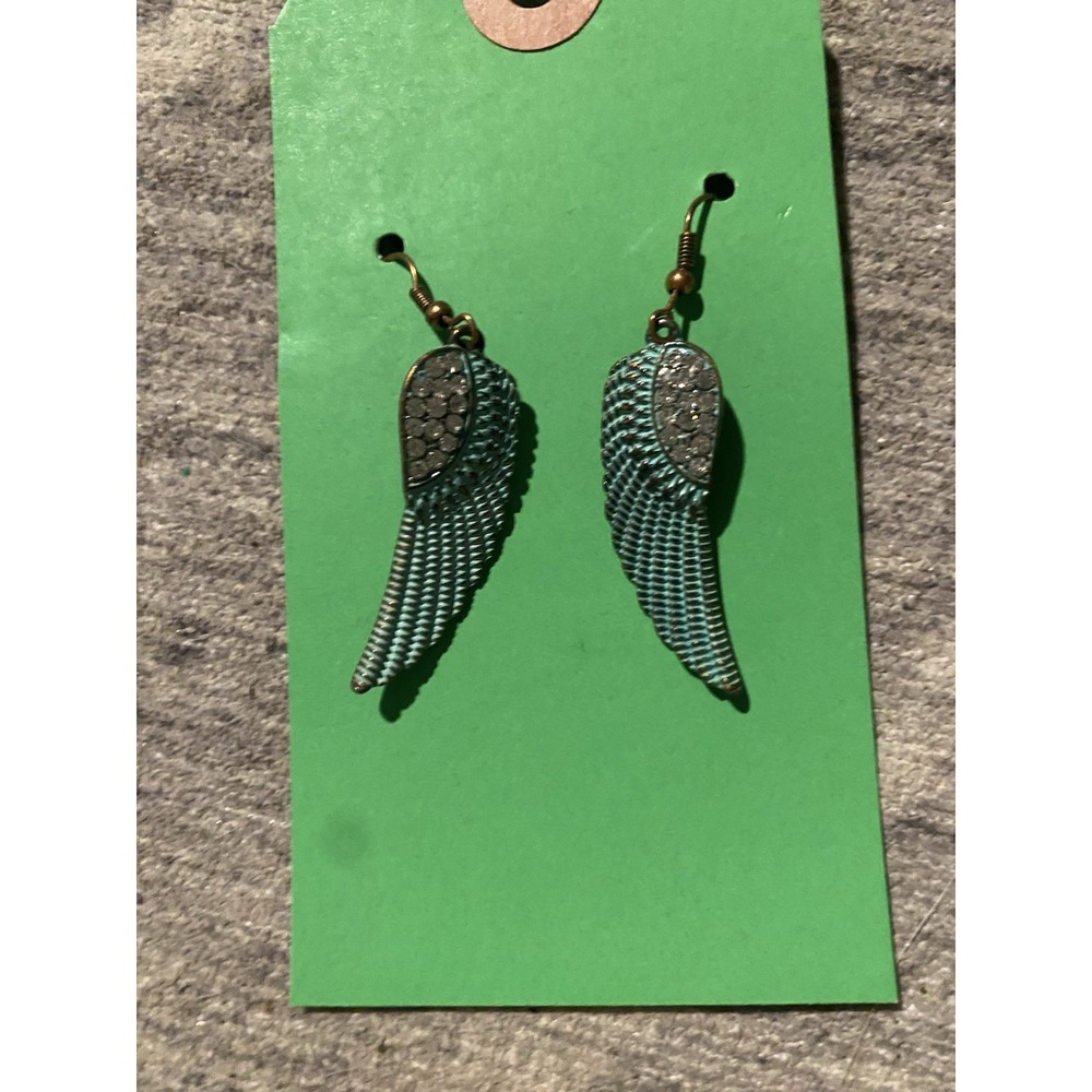 Angel Wing Dangle Earrings with Feathers Antiqued Look With Rhinestones